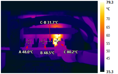 Infrared image of a Danger-class hotspot at the die cast main breaker