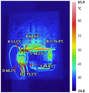Infrared image of the Plastic Injection distribution board showing hotspots at Spot B (64.6°C) and Spot D (60.3°C)
