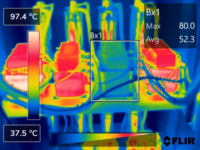 FLIR thermal image of a bank of units where the boxed one runs visibly cooler than its glowing neighbours